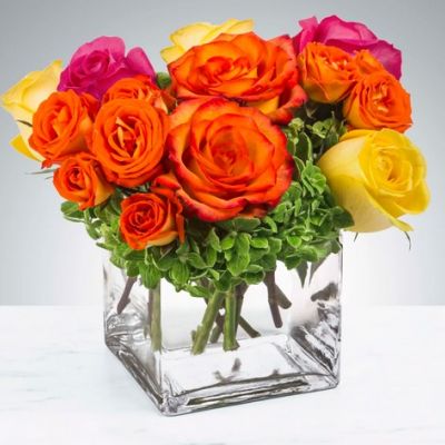 Pink, yellow and orange roses come together with green hydrangea for a bright cube of sunshine. This arrangement lights up any space and will improve anybody's day. A perfect gift for all occasions.

APPROXIMATE DIMENSIONS 10" W X 11" H