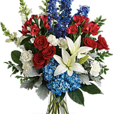 <div id="mark-3" class="m-pdp-tabs-marketing-description">A colorful tribute for someone special, this brilliant bouquet of red, white and blue blooms is both perfectly patriotic and gorgeous.</div>
<div id="desc-3">
<ul>
 	<li>This bouquet features blue hydrangea, red roses, white asiatic lilies, red alstroemeria, white carnations, blue delphinium, white snapdragons, huckleberry, dusty miller, aralia leaf and lemon leaf.</li>
 	<li>Delivered in a gathering vase.</li>
</ul>
</div>
