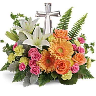 <div id="mark-3" class="m-pdp-tabs-marketing-description">A radiant celebration of faith, this bright bouquet of cheerful orange and pink blooms surrounds a reverent crystal cross keepsake. A precious addition to any special occasion.</div>
 
<div id="desc-3">
<ul>
 	<li>Pink spray roses, white asiatic lilies, light orange gerberas, and yellow miniature carnations are accented with bupleurum, dusty miller, galax leaves, sword fern, and leatherleaf fern.</li>
</ul>
</div>