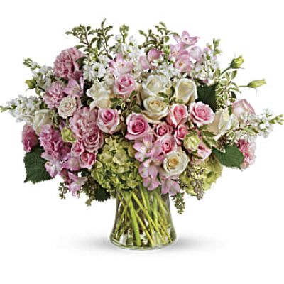 <div id="mark-3" class="m-pdp-tabs-marketing-description">A truly bountiful bouquet that captures the beauty of your love, this grand display of pink and white roses is sure to make their heart soar!</div>
 
<div id="desc-3">
<ul>
 	<li>This breathtaking bouquet features green hydrangea, pink roses, white roses, pink spray roses, light pink alstroemeria, pink lisianthus, white stock, pitta negra, and seeded eucalyptus.</li>
</ul>
</div>