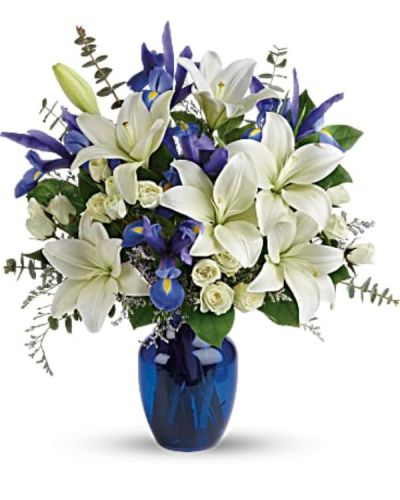 <div class="m-pdp-tabs-description">
<div id="mark-2" class="m-pdp-tabs-marketing-description">As open and bright as a winter's sky, this exquisite mix of white and blue blossoms would make a stunning birthday gift, or a superb Hanukah present for a favorite friend or family member. An eye-catching selection.</div>
</div>
<p id="arrngDescp">White Asiatic lilies, white spray roses and dark blue iris - accented with greenery - are delivered in a glass vase.</p>