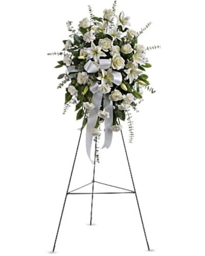 <div id="mark-1" class="m-pdp-tabs-marketing-description">Stunning in its simplicity, this gorgeous spray of white roses, lilies and carnations decorated with white satin ribbon is a tasteful way to express your sympathy.</div>
<div id="desc-1">
<ul>
<li>The elegant spray includes white roses, white Asiatic lilies and white carnations, accented with assorted greenery.</li>
</ul>
</div>