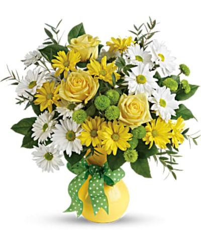 <div id="mark-1" class="m-pdp-tabs-marketing-description">Pure joy! Brighten any occasion with this sunny mix of golden and white daisies in a cheerful yellow vase. A spotty dotty bow adds a dash of fun!</div>
<div id="desc-1">
<ul>
<li>This happy bouquet includes white and yellow daisy spray chrysanthemums, green button spray chrysanthemums, lemon leaf, and parvifolia eucalyptus.</li>
<li>Delivered in Teleflora's Yellow Serendipity vase.</li>
</ul>
</div>