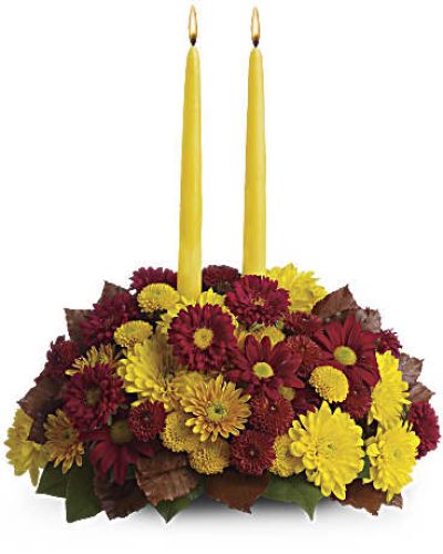 <p>Happy yellow mums and a golden taper candle bring sunshine to your Thanksgiving dinner table. Lovely as a Thanksgiving centerpiece or stylish seasonal décor anywhere in the house, the burgundy and yellow fall flowers look especially rich mixed with brown copper beech leaves.<br />
Red matsumoto asters and a variety of burgundy, yellow and bronze mums are accented with green salal and brown copper beech leaves.<br />
A cheerful yellow taper candle glows above it all.</p>