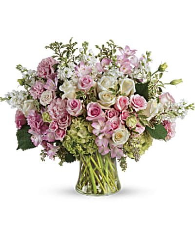 <div id="mark-3" class="m-pdp-tabs-marketing-description">A truly bountiful bouquet that captures the beauty of your love, this grand display of pink and white roses is sure to make their heart soar!</div>
&nbsp;
<div id="desc-3">
<ul>
 	<li>This breathtaking bouquet features green hydrangea, pink roses, white roses, pink spray roses, light pink alstroemeria, pink lisianthus, white stock, pitta negra, and seeded eucalyptus.</li>
</ul>
</div>